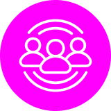 Three people icon on pink circular background.